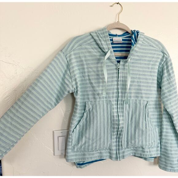 Columbia M teal comfy cozy hoodie zip up sweater aqua stripe outdoor casual top - Picture 7 of 7